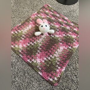 Crochet Bunny Security Blanket in Pink, Brown and Green